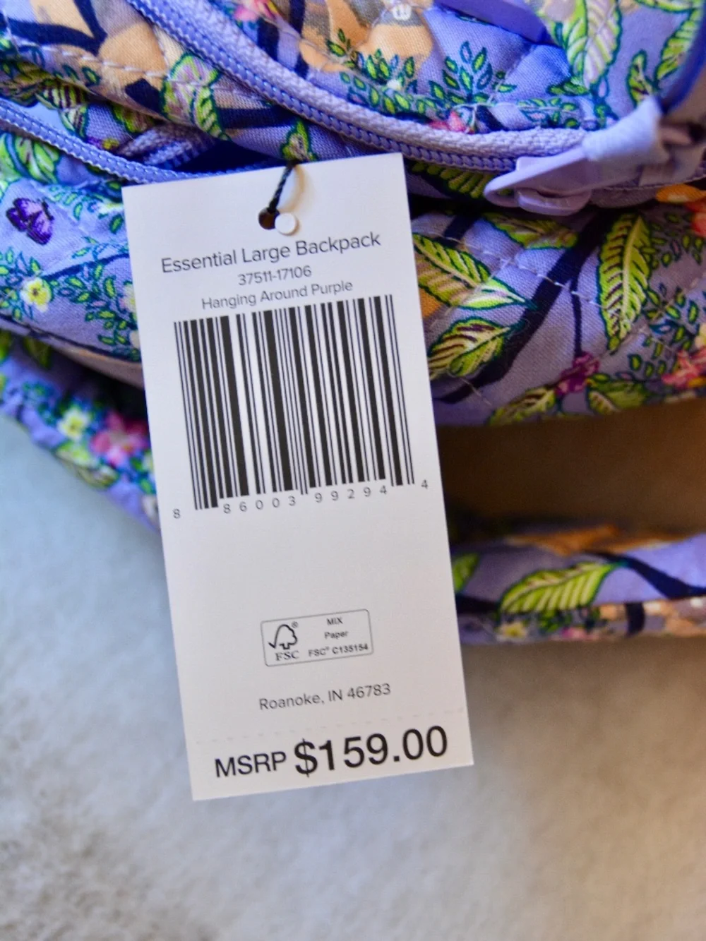 Vera Bradley Essential Lg, Backpack, Retired, Hanging Around Purple, Sloth, NWT